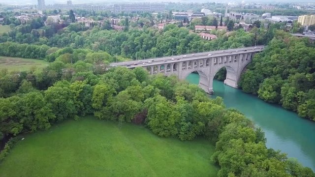 Aerial Panoramic Footage of Arve and Rhone River Confluent in Geneva, Switzerland