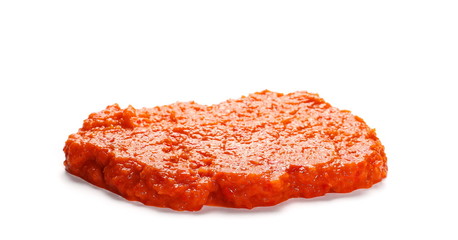 Ajvar, roasted red pepper and eggplant dish, isolated on white background