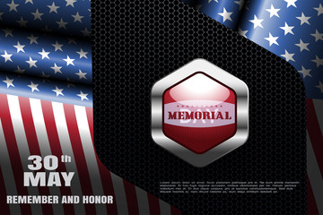 Memorial Day vector wide poster with metal red label with shadow on the dark background with hexagon pattern and frame from american flags.