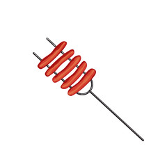 Grilled smoked sausages on long metal skewers. Hand drawn cartoon style. Roasting Stainless Steel Grill camping Fork Long Handle. Roasted campfire BBQ sign. Template for Barbecue banner background