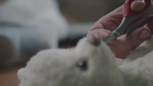 Repair of plush toys: women's hands sew a teddy bear. Making soft toys handmade. A broken toy is a vintage bear cub - restoring an old toy. Female hands sew a teddy bear in an old-fashioned style.