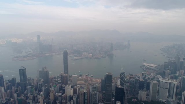 hong kong city bay kowloon aerial morning fog sunrise panorama 4k china

