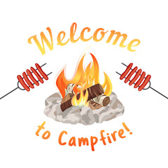 Campfire icon isolated on white. Freehand drawn cartoon style. Fancy letters of welcome invitation. Grilled smoked sausages. Base camp fire rocks ring. Outdoor camping advertising banner background