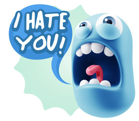 3d Rendering Angry Character Emoji saying I Hate you with Colorful Speech Bubble.