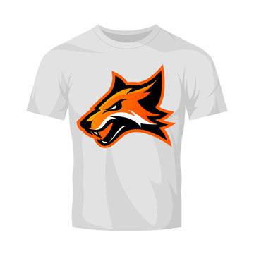 Furious fox sport club vector logo concept isolated on white t-shirt mockup. 
Premium quality wild animal athletic division t-shirt tee print illustration.