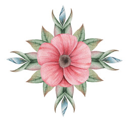 Hand painted watercolor charming combination of Flowers and Leaves, isolated on white background