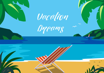 Summer seaside landscape. Blue sea scenic view poster. Freehand drawn cartoon retro style. Fancy letters Vacation Dreams. Season leisure banner. Outdoors vector Illustration of recreation on seashore