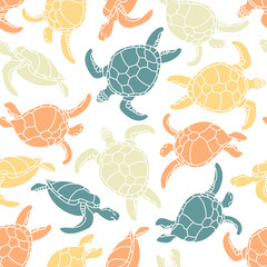 Cheloniidae. Seamless pattern with turtles. Silhouette. Animal world under water. Ocean. Vector illustration.
