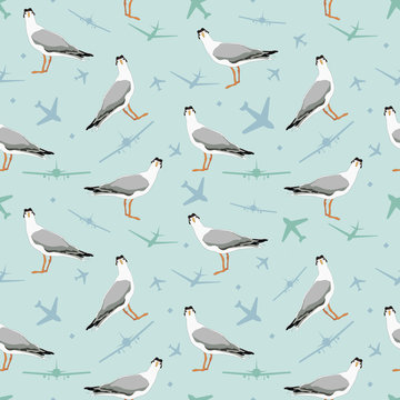 Vector seamless pattern with seagull and plane. Stylish background for fabric, textile, kitchen design or other surfaces