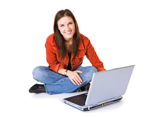 Naklejka premium Pets: Sitting Woman Using Laptop Computer