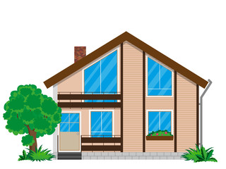 The facade of a house with bushes and a tree on a white background. The building has two floors and a balcony. Vector illustration.
