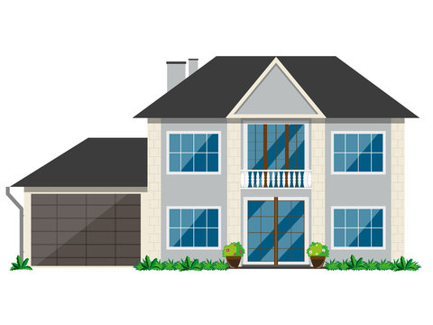 The facade of a house with a garage and glass doors on a white background. Vector illustration.