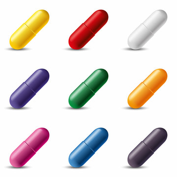 Colorful pill capsules on a white background. Vector illustration