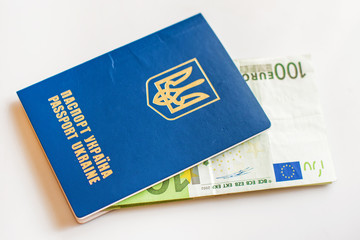 Ukrainian passport for travel abroad of euro banknotes (abolition of Schengen visas for Ukrainian - concept)