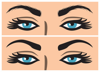 woman eyes before and after cosmetic procedure vector illustration (plastic surgery, rejuvenation treatment)