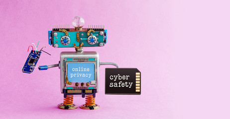 Cyber safety online privacy robotic concept. System administrator robot toy with memory card chip...