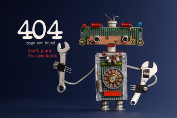 404 error page not found concept. Don't panic I'm a mechanic. Hand wrench adjustable spanner robot...