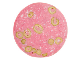 Mortadella slice isolated on white