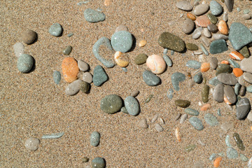 Fototapeta na wymiar Multicolored pebble on wet sand. Sea beach, coast