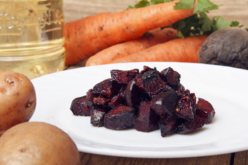 Baked beetroot for a vegetable salad. Ingredients for cooking healthy food from organic products