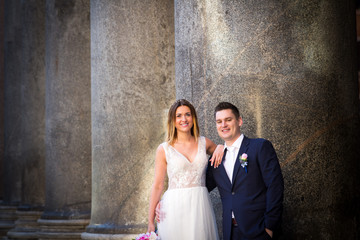 Bride and groom wedding poses in front of Pantheon, Rome, Italy