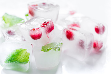 mint and red berries in ice cubes white background