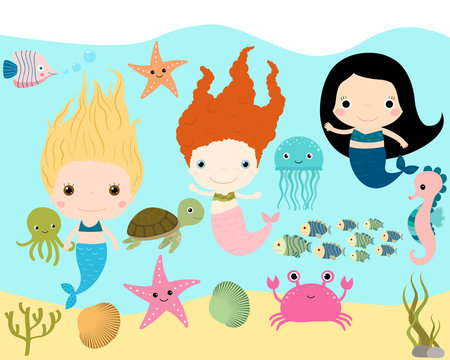 Cute mermaids and sea animals vector collection