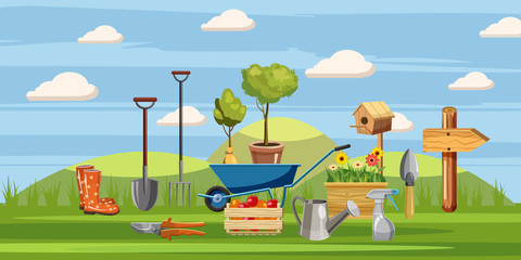 Gardener tools icons set, cartoon style
