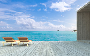 3D rendering, Beach chairs on wooden floor with blurred blue sky background.