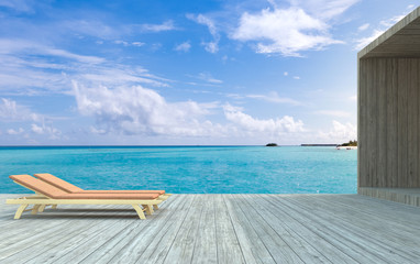 3D rendering, Beach chairs on wooden floor with blurred blue sky background.