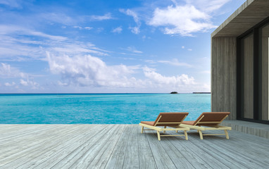 3D rendering, Beach chairs on wooden floor with blurred blue sky background.