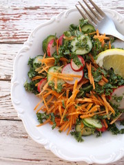 Mixed vegan salad with kale, carrot, cucumber and radish