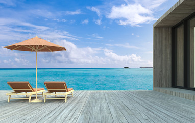 3D rendering, Beach chairs on wooden floor with blurred blue sky background.