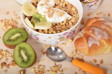 Croissant with muesli for a quick breakfast for children