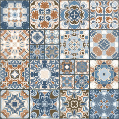 A collection of ceramic tiles in retro colors. A set of square patterns in ethnic style. Vector illustration.