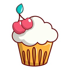 White cupcake with cherries icon, cartoon style