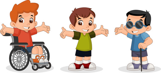 Cute happy cartoon boys. Blind boy. Boy on wheelchair.
