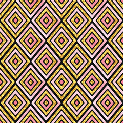 Seamless rhombus geometric pattern in pink and golden colors. Watercolor vector striped background for textile design.