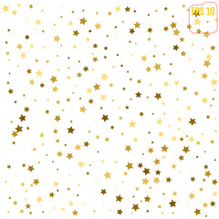 Random falling gold stars on white background. Glitter pattern for banner, greeting card, Christmas and New Year card, invitation, postcard, paper packaging. Vector illustration