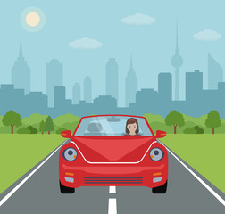 Young woman driving a red car on city background. Vector illustration. 
