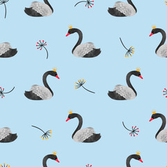 Seamless watercolor black swans pattern. Vector background