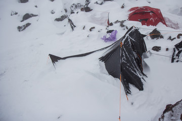 The camp was covered with snow on Mount Elbrus