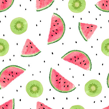 Seamless pattern with kiwi fruit and watermelon slices. Summer background.