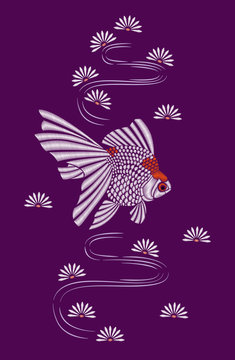 Embroidered goldfish in the waves with chrysanthemums. Vector decorative elements for embroidery, patches and stickers