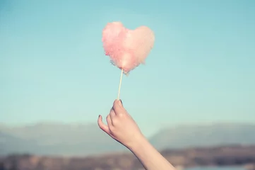  Pink cotton candy in a shape of a heart raised high over the hills to the light blue sky. © allasimacheva