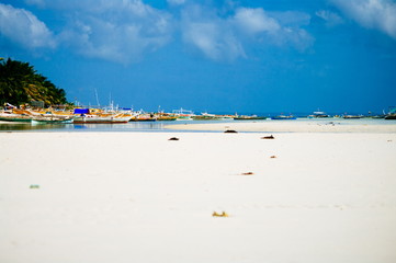 Obraz premium Tropical white sand beach with green palm trees and parked fishing boats in the sand. Exotic island paradise