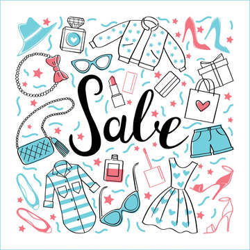 Sale/To shop, sale. Vector hand drawn illustration. Fashionable accessories.