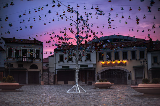 One of the sights of Korca, Albania, ottoman Old Bazaar  captured in the evening with red and blue sunset sky.