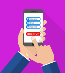 flat design vector illustration smartphone with hands - sign up