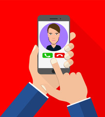 flat design vector illustration smartphone with hands - call